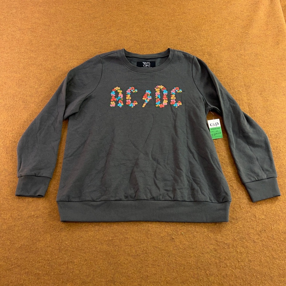 Vinyl Icons Womens XL Gray Floral AC/DC Graphic Crewneck Sweatshirt NWT